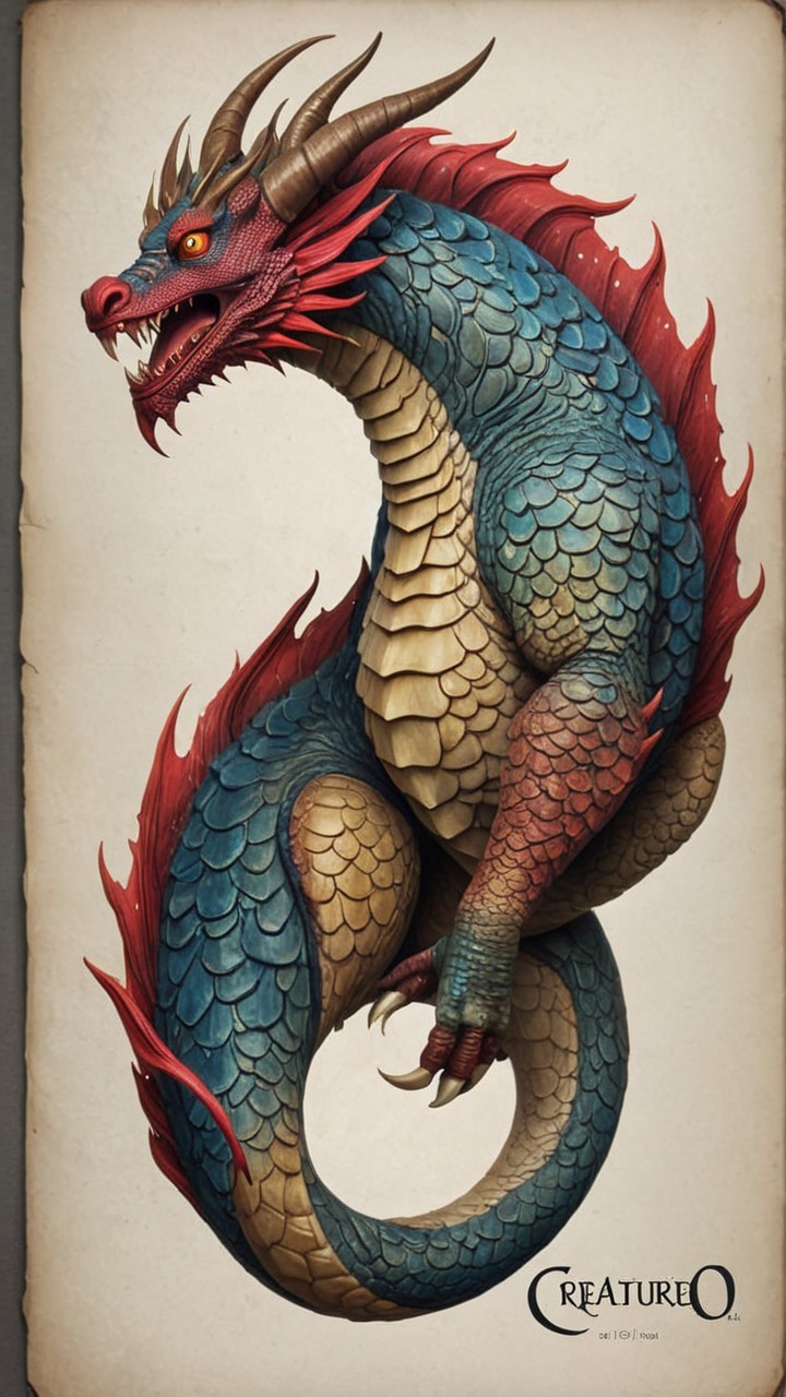 Vibrant Dragon with Blue and Red Scales and Details