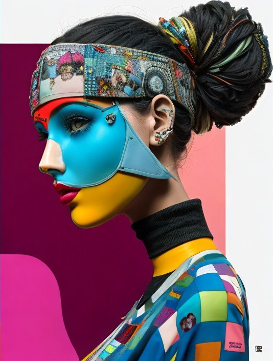 Stylized profile of a woman with vibrant colors and patterns