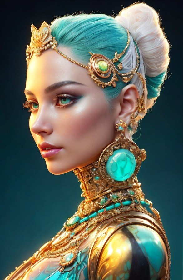 Portrait of a Woman with Turquoise Hair and Jewelry