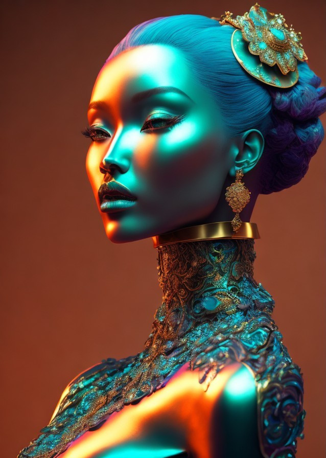 Elegant figure with intricate hairstyle and vibrant colors