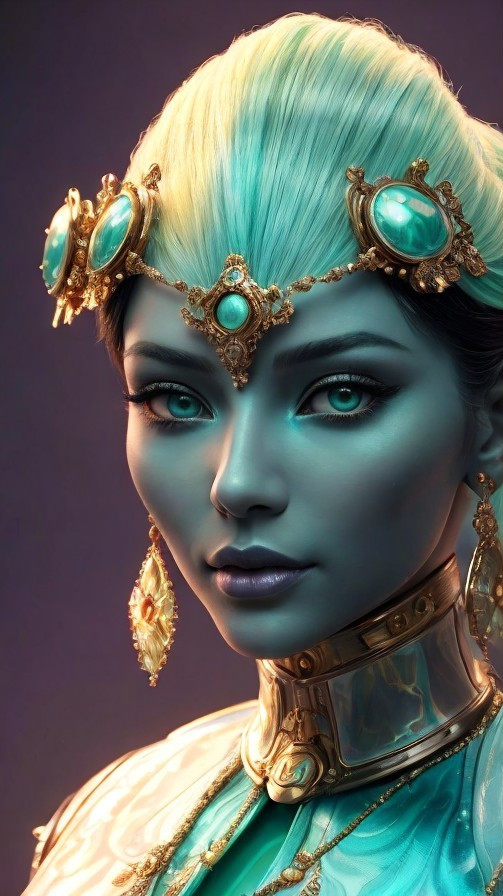 Character with Turquoise Skin and Golden Jewelry