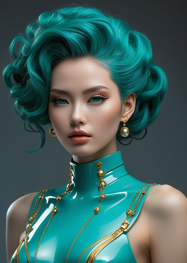 Model with Teal Hair in Turquoise Outfit and Gold Accents