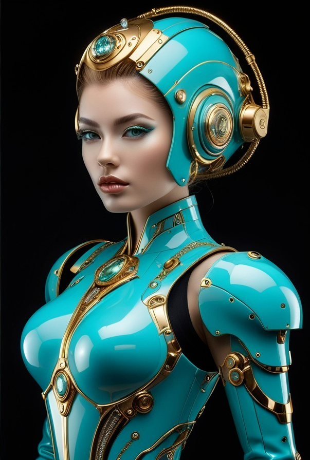 Futuristic Female Robot in Turquoise and Gold Armor