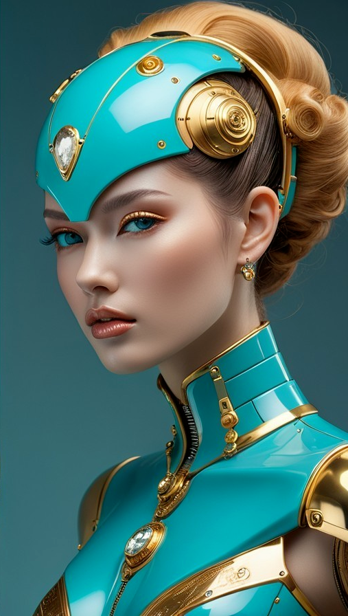 Futuristic Female Figure in Turquoise and Gold Attire