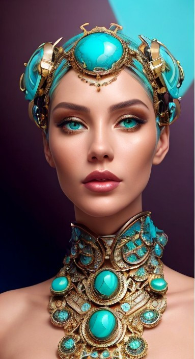 Portrait of a woman with intricate jewelry and headpiece