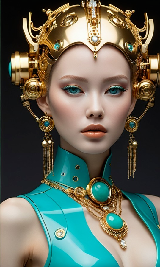 Futuristic model with golden headdress and turquoise outfit