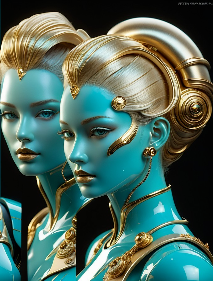 Futuristic female figure with turquoise complexion and gold accents