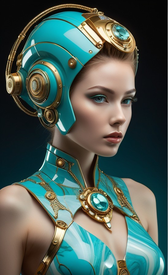 Futuristic Character with Glossy Turquoise and Gold Accents