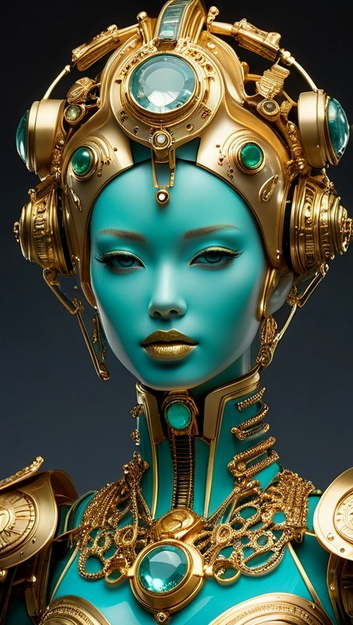 Futuristic humanoid figure with turquoise complexion