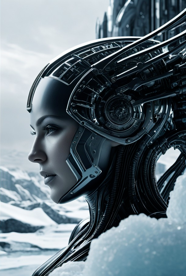Futuristic Cybernetic Figure in Snowy Landscape