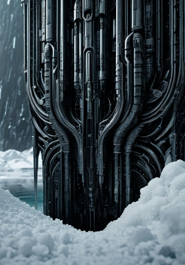 Futuristic metallic structure in icy landscape