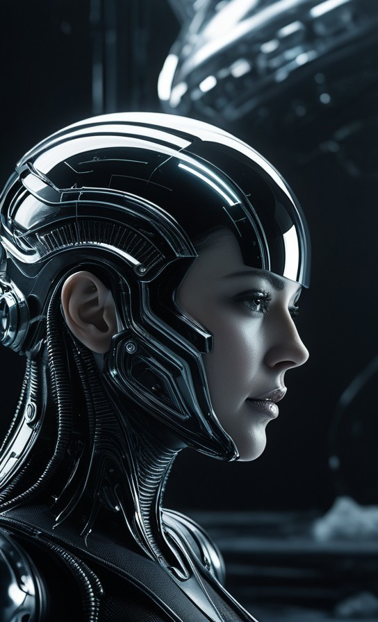 Futuristic humanoid figure with metallic helmet design