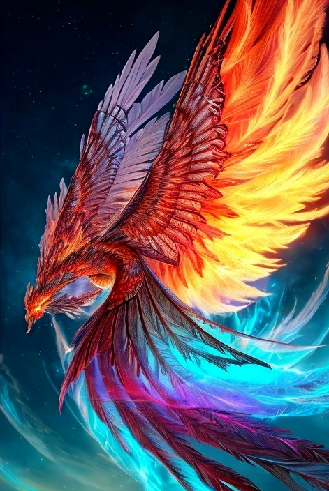 Phoenix in a Vibrant Galaxy with Fiery Feathers
