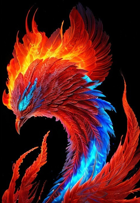 Vibrant Phoenix with Fiery Feathers on Black Background