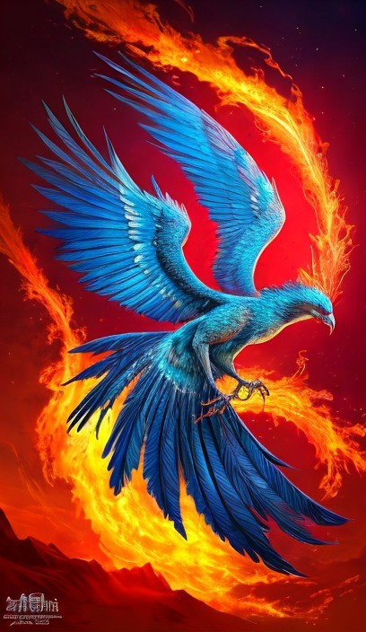 Vibrant Blue Phoenix Against Fiery Orange Background
