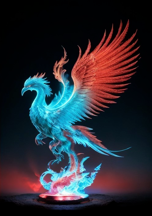 Majestic Phoenix Sculpture in Vibrant Blue and Red