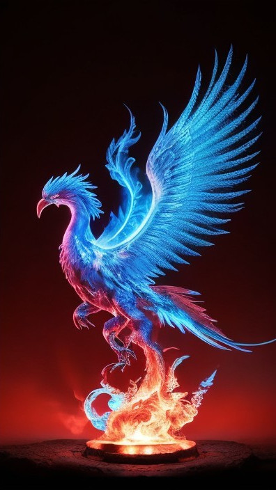 Majestic phoenix rising from vibrant flames and colors