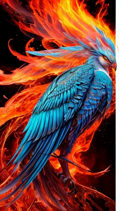 Vibrant Blue Mythical Bird with Fiery Elements