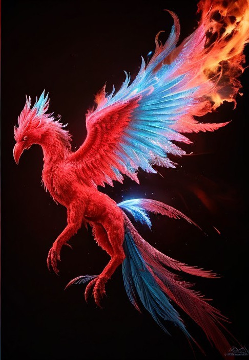 Mythical Phoenix with Fiery Red and Cool Blue Feathers