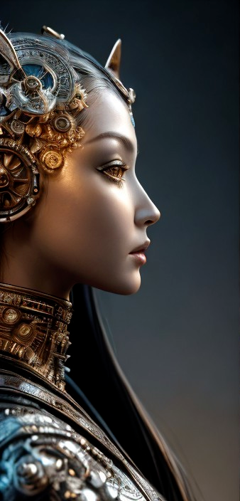 Futuristic female figure with metallic adornments and gears