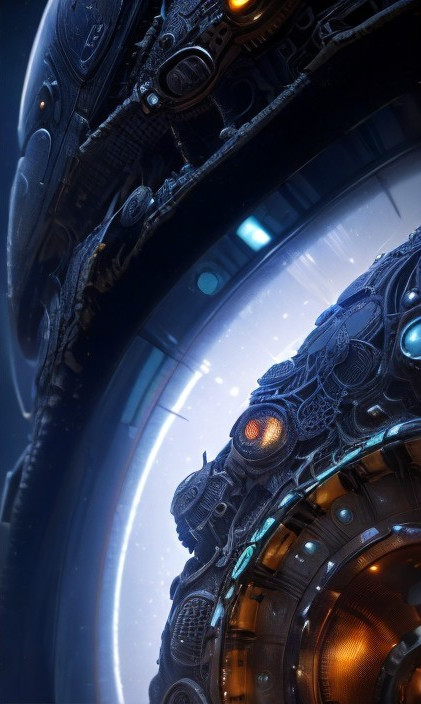 Futuristic spacecraft with ornate detailing and lights
