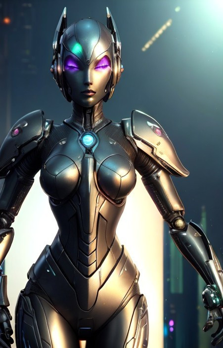 Futuristic humanoid robot with chrome finish and glowing eyes