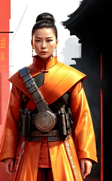 Fierce Warrior in Intricate Orange and Black Outfit