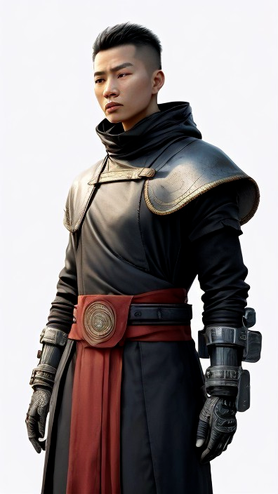 Young Male Figure in Dark Futuristic Armor Outfit