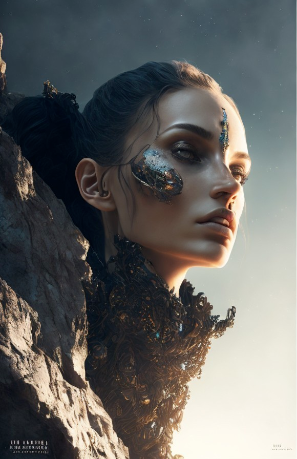 Ethereal Figure with Metallic Patterns and Gemstones