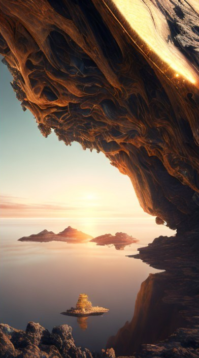 Surreal Landscape with Rock Formation and Calm Water