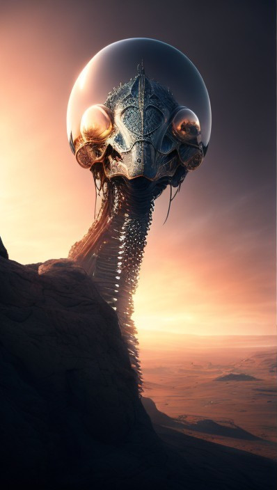 Surreal Creature in Desert Landscape with Glass Dome