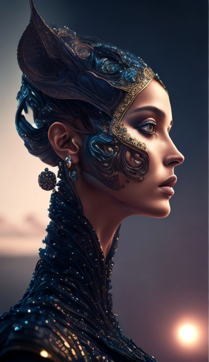 Profile of a Woman with Intricate Headdress and Makeup