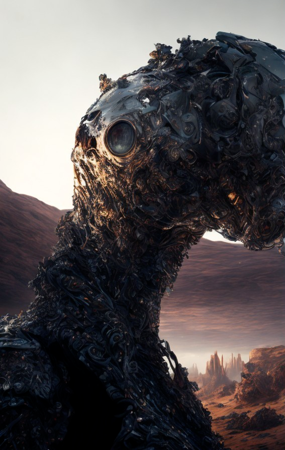 Colossal Abstract Robotic Creature in Surreal Landscape