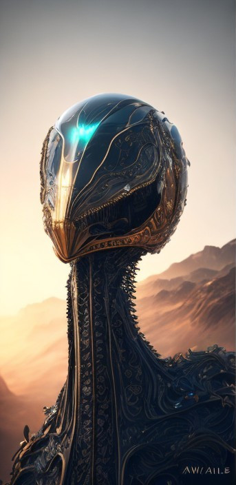 Futuristic humanoid figure in barren landscape setting