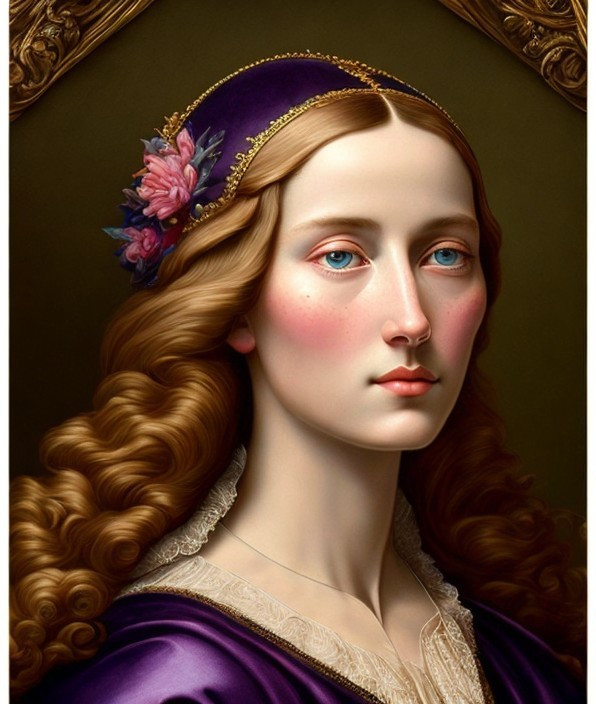 Portrait of a Young Woman in Purple Gown with Flowers