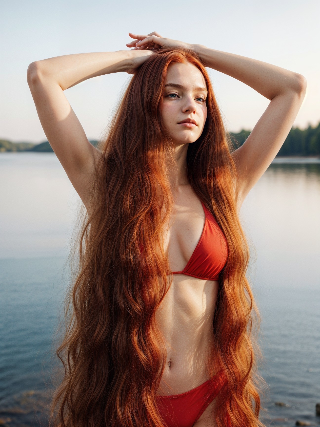 Young woman by tranquil lake in vibrant red bikini