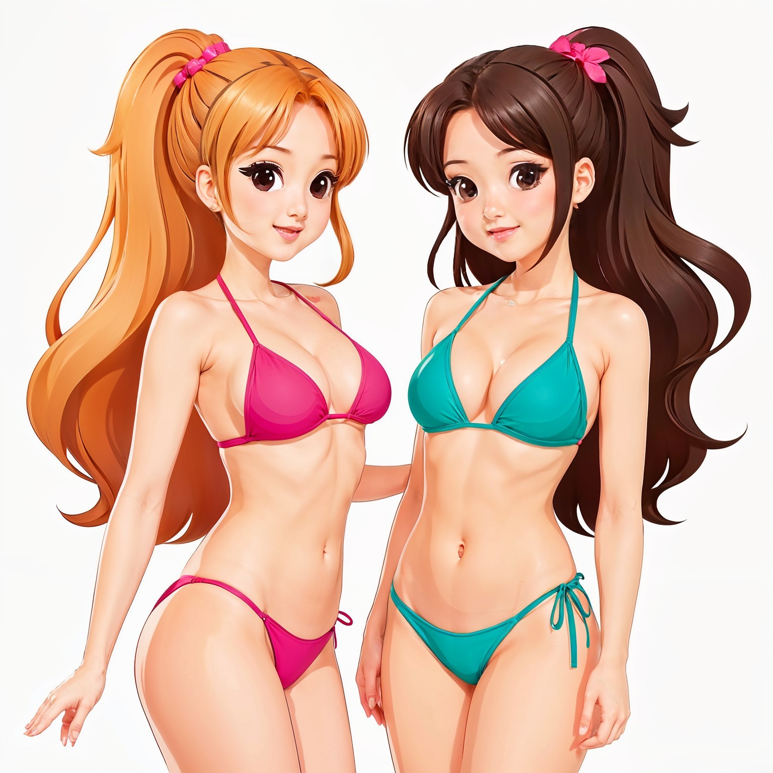 Animated young women in bikinis with colorful hair