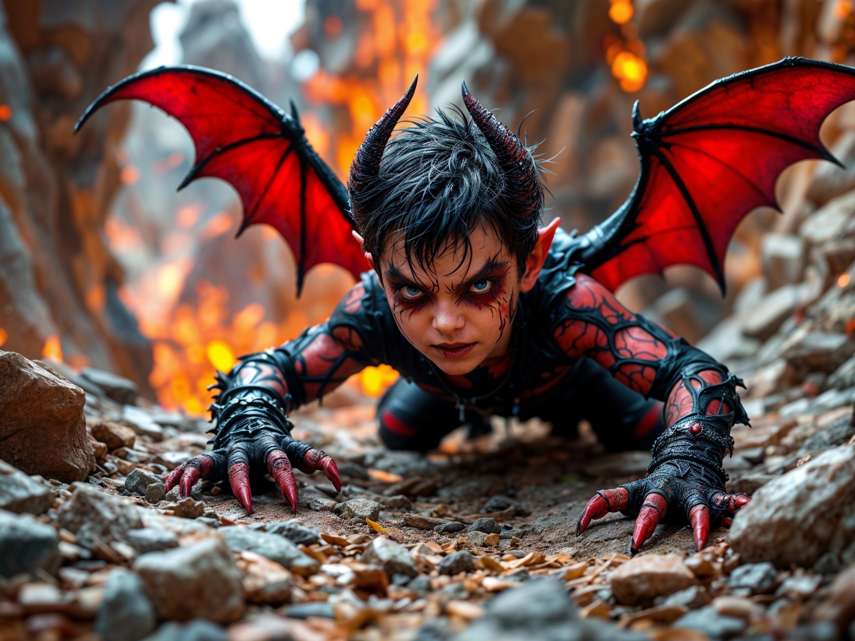 Child in Demon Costume with Fiery Background