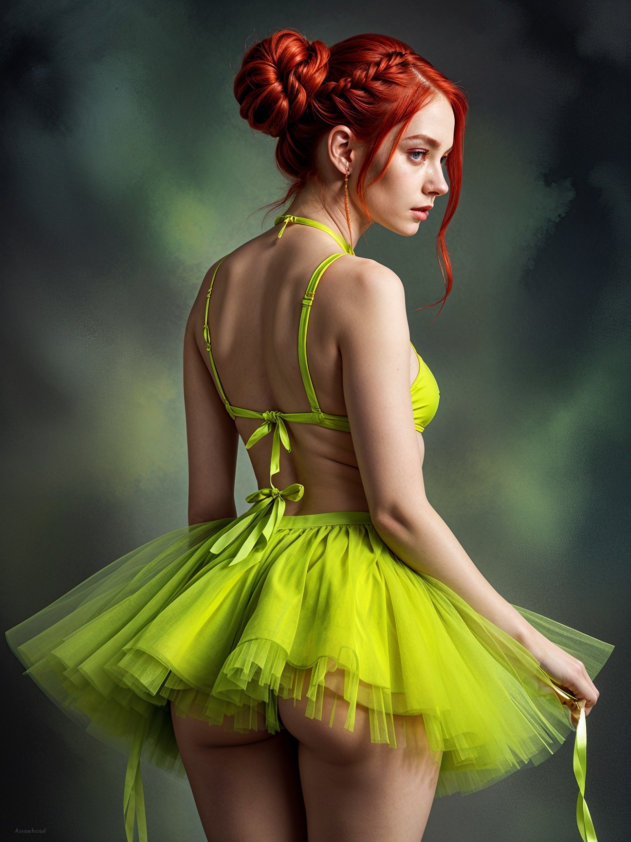 Young woman with red hair in playful green outfit