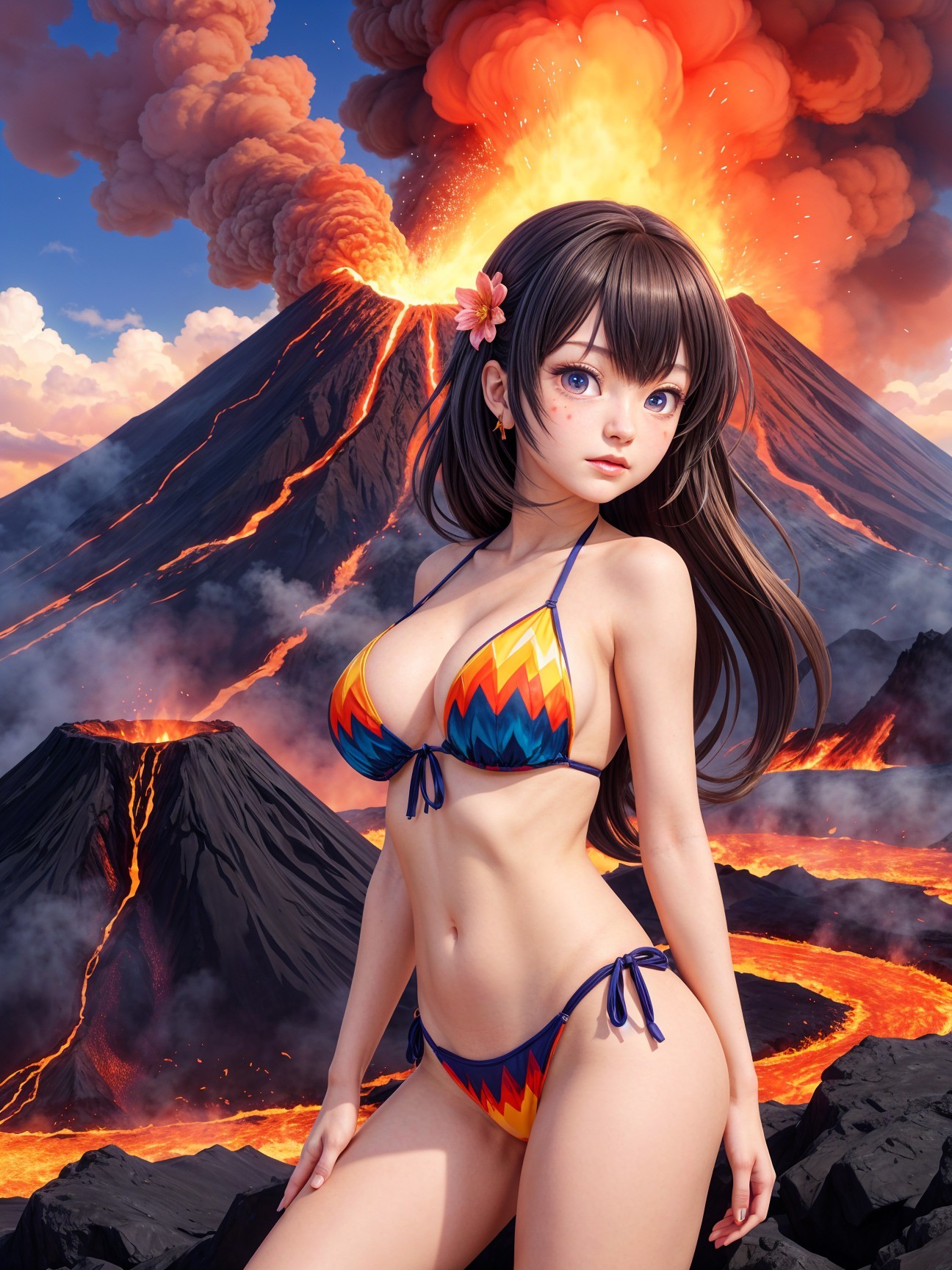 Anime Character in Bikini with Volcanic Background