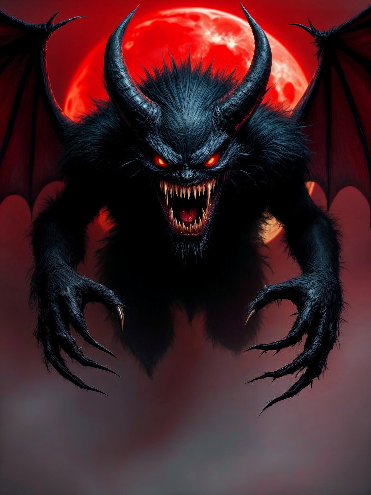Menacing demon with glowing eyes and blood-red moon