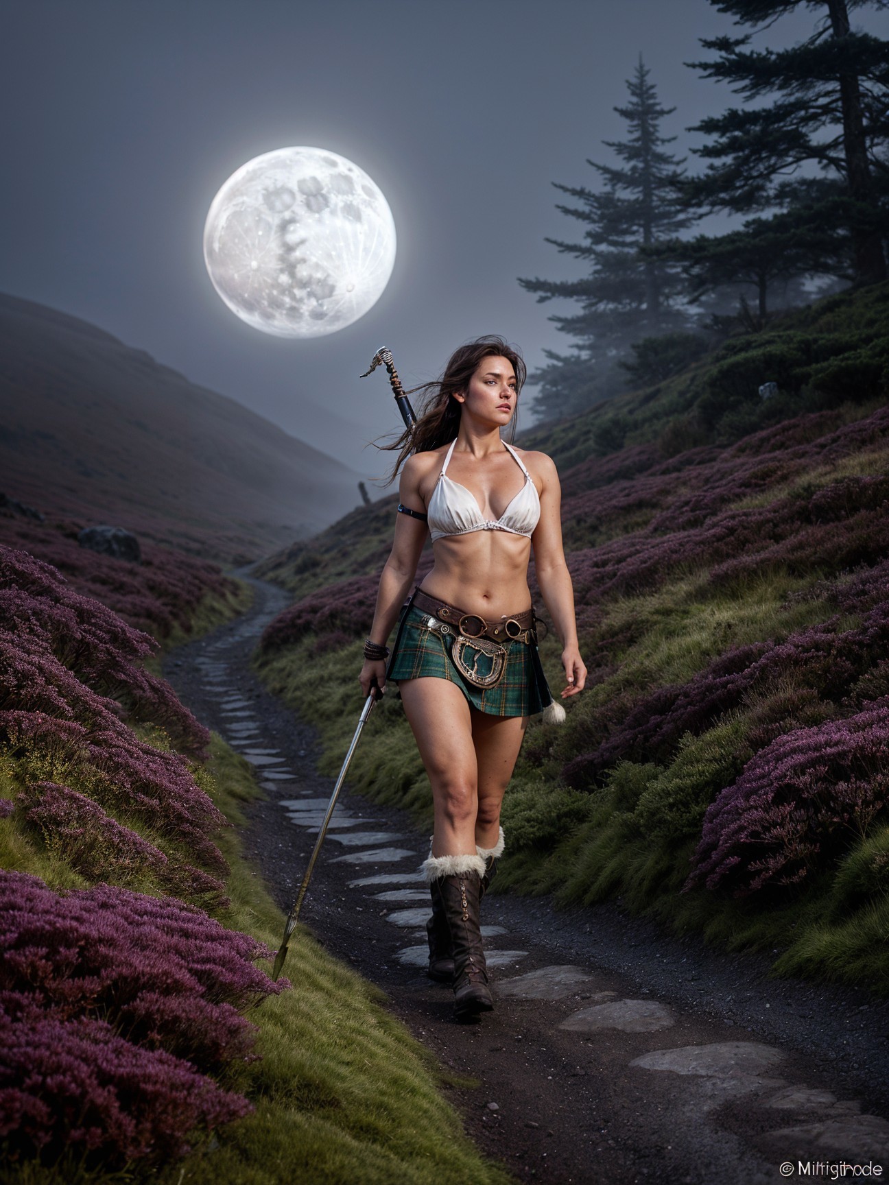 Warrior Woman on Misty Path with Full Moon Glow