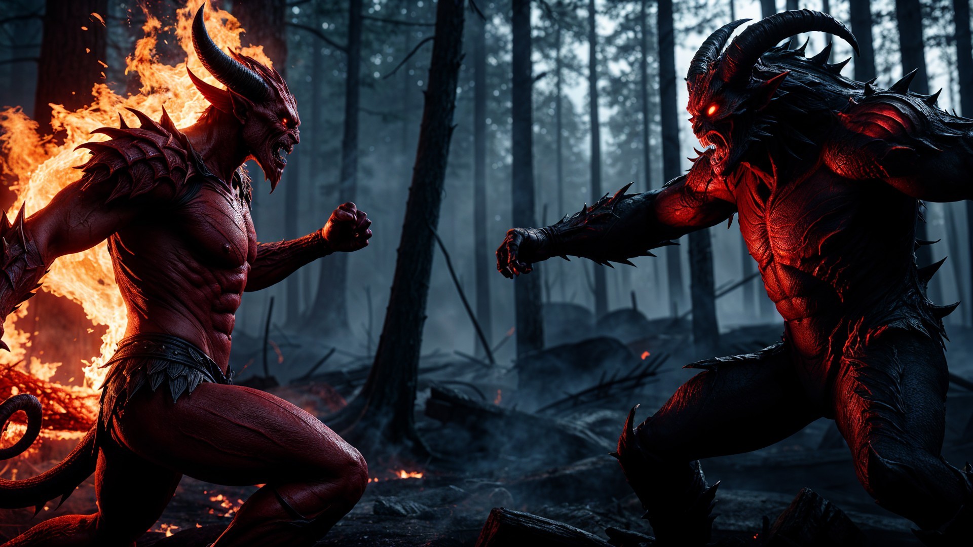 Demonic Figures Clash in a Dark Mystical Forest