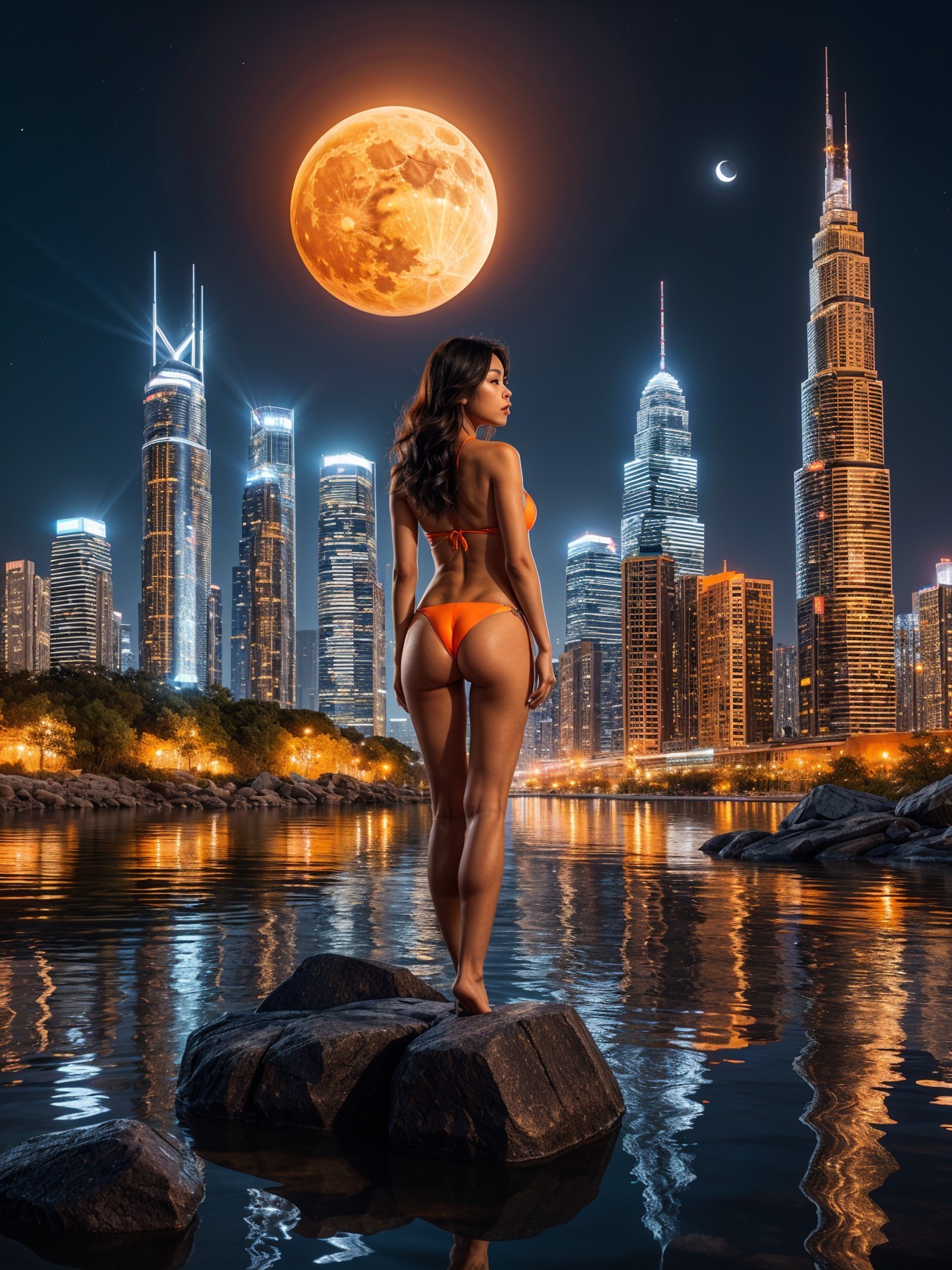 Silhouette of Woman in Bikini by City Skyline at Night