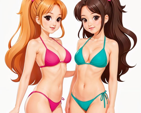 Animated young women in bikinis with colorful hair