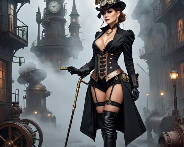 Steampunk Alley with Confident Woman in Black Outfit