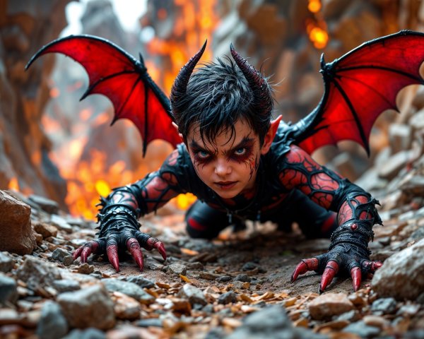 Child in Demon Costume with Fiery Background