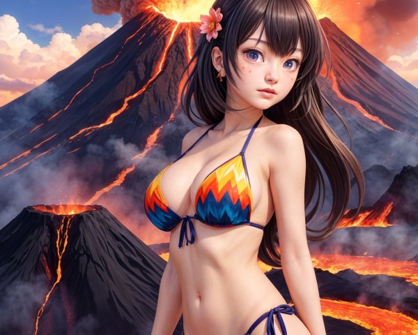 Anime Character in Bikini with Volcanic Background