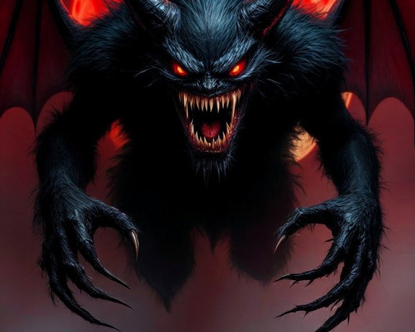 Menacing demon with glowing eyes and blood-red moon