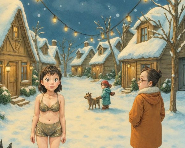 Whimsical Winter Village Scene with Surprising Elements